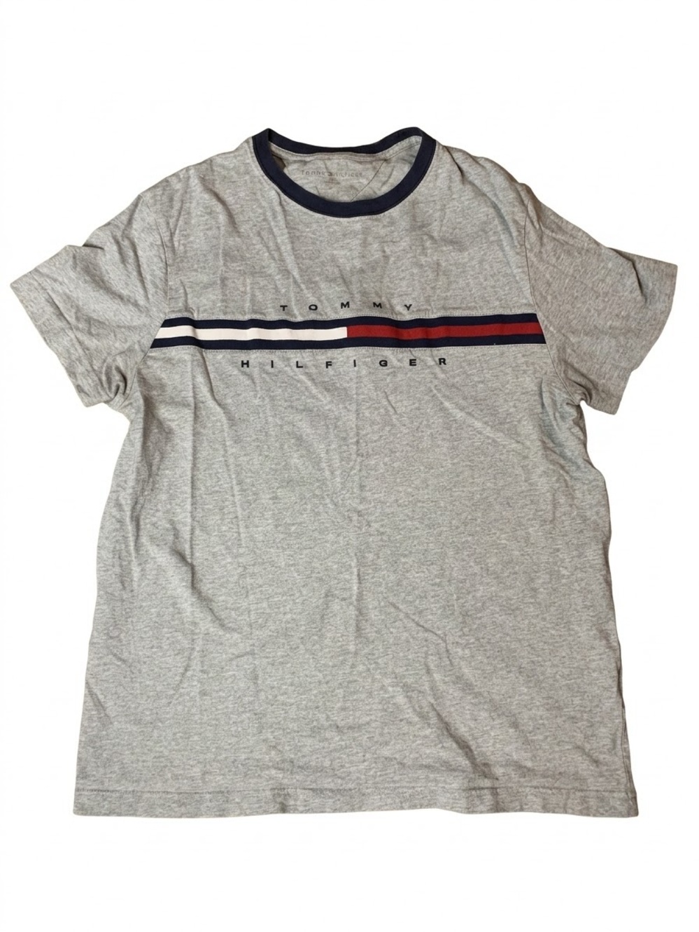 Tommy Hilfiger Mens Medium Grey Heather Flag Logo Stripe Ringer T-Shirt Cotton